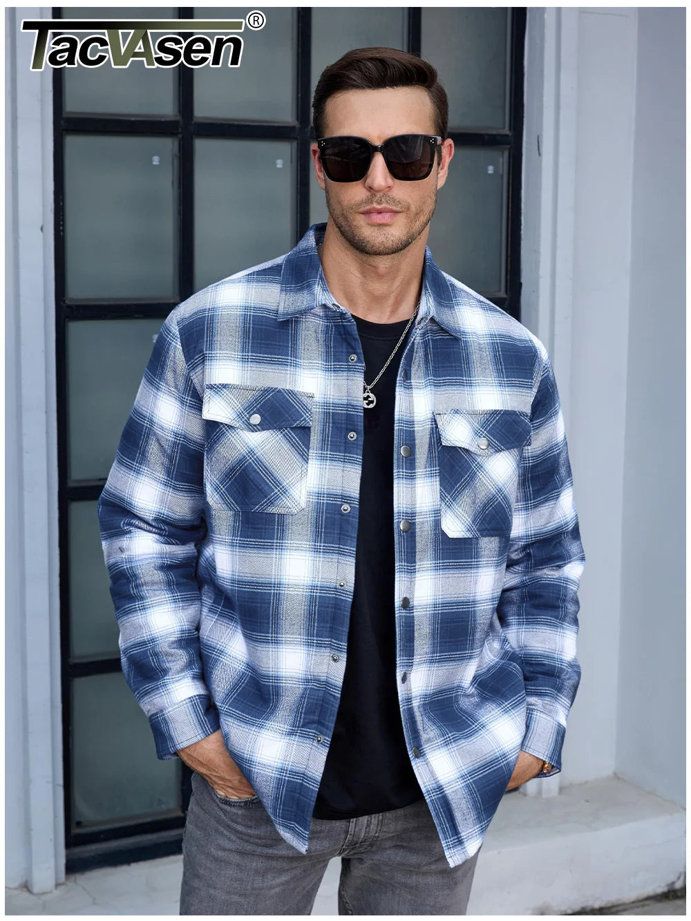 TACVASEN Winter Plaid Cotton Jackets Mens Long Sleeve Quilted Lined Flannel Shirt Jacket Multi-Pockets Outwear Hiking Coats Tops