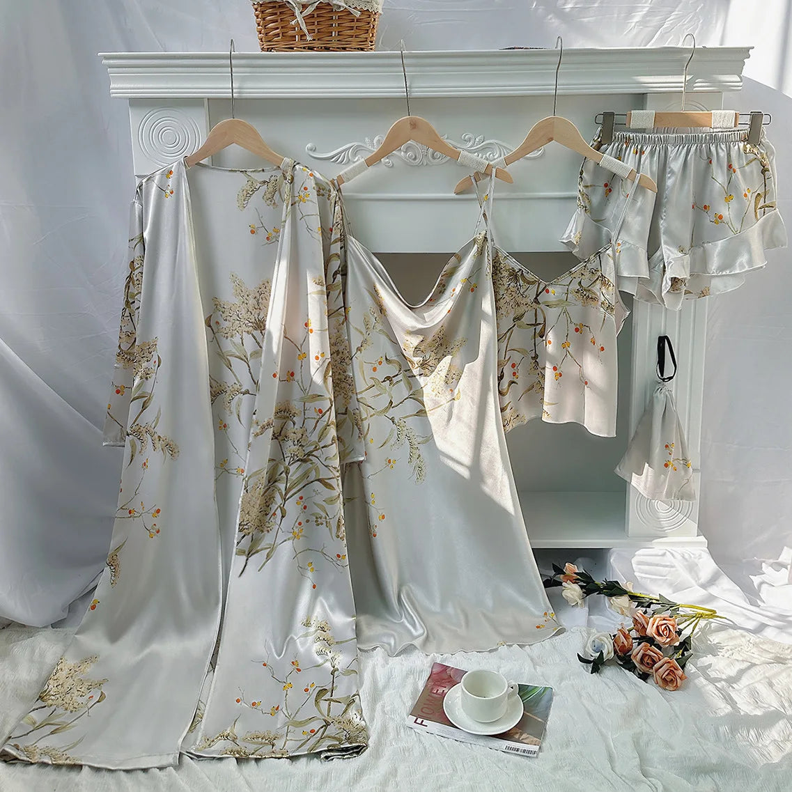 Women's Cherry Print Loungewear 5-Piece Set - Lightweight Robe, Camisole, Shorts & Dress (Minimalist Homewear Collection)