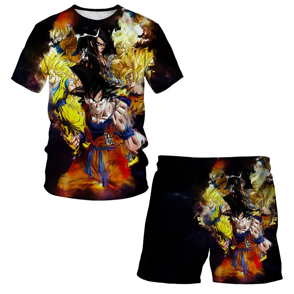 Japanese cartoon Dragon Ball Z T-shirt children's top T-shirt shorts two-piece set for summer boys T-shirt+shorts beach pants