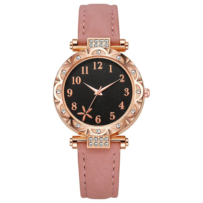 Fashion Sunflower Dial Watch Rose Gold Women's Starfish Quartz Watch Leather Strap Temperament Water Diamond