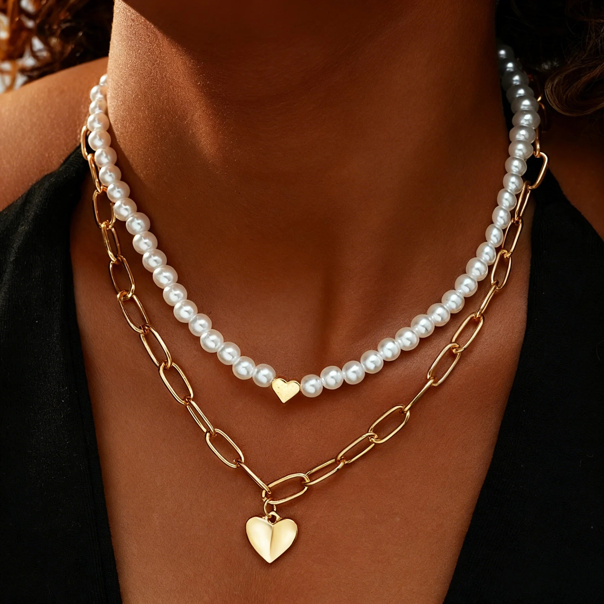 2 Pcs/Set Punk Gold Color Heart Pendant Necklace for Women Fashion Pearl Beaded Chain Choker Necklace Y2K Jewelry Gifts 2026 New