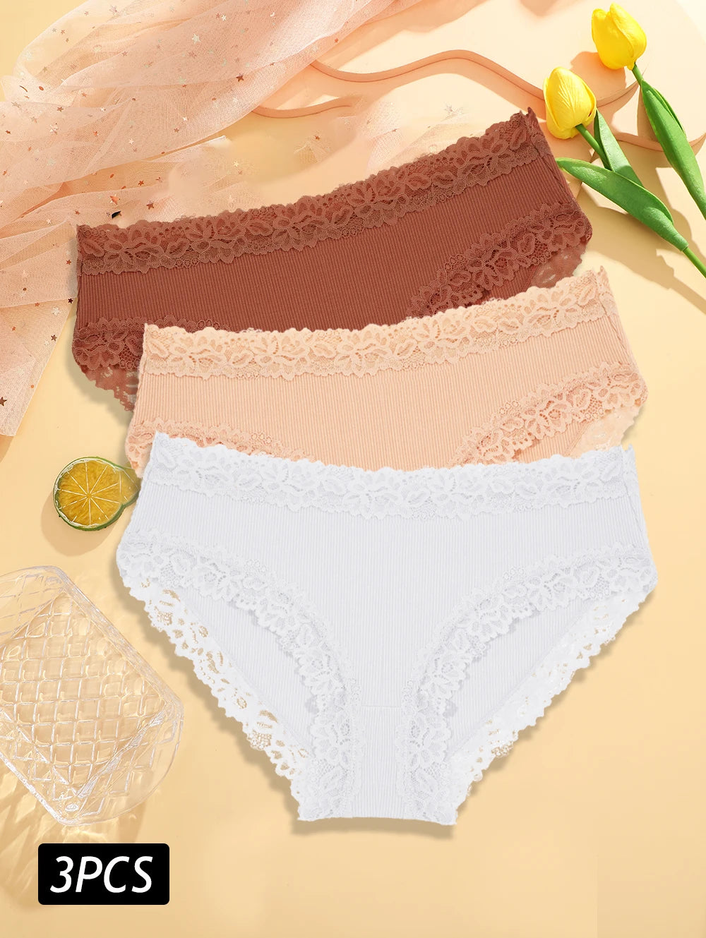 3PCS/Set Sexy Lace Cotton Panties for Women Flroal Lace Seamless Briefs Low Rise Lingerie Female Breathable Soft Underwear S-XL