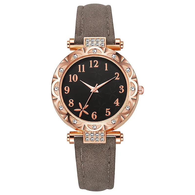 Fashion Sunflower Dial Watch Rose Gold Women's Starfish Quartz Watch Leather Strap Temperament Water Diamond