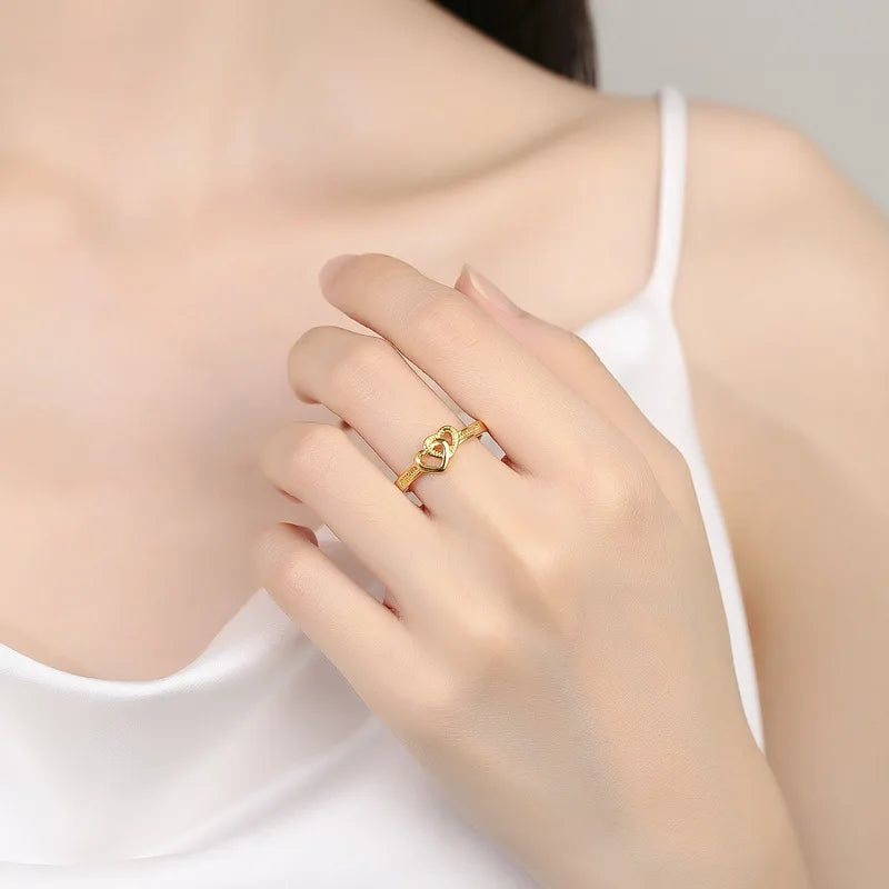 24K Gold AU999 Double Heart Jewelry | Matte hearts with glossy outlines, adjustable opening, versatile for daily wear