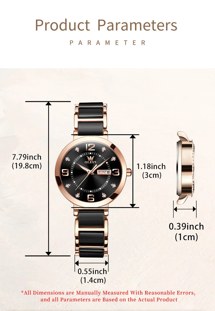 OLEVS New Ceramics Watchstrap Watch For Women Luxury Business Diamonds Wristwatch Fashion Waterproof Dual Calendar Woman Watches