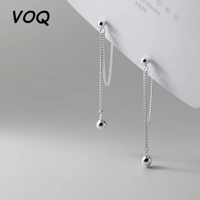VOQ Silver Color Round Bead Chain Long Earrings Minimalist Textured Elegant Drop Earrings Female Jewelry Girls Gifts