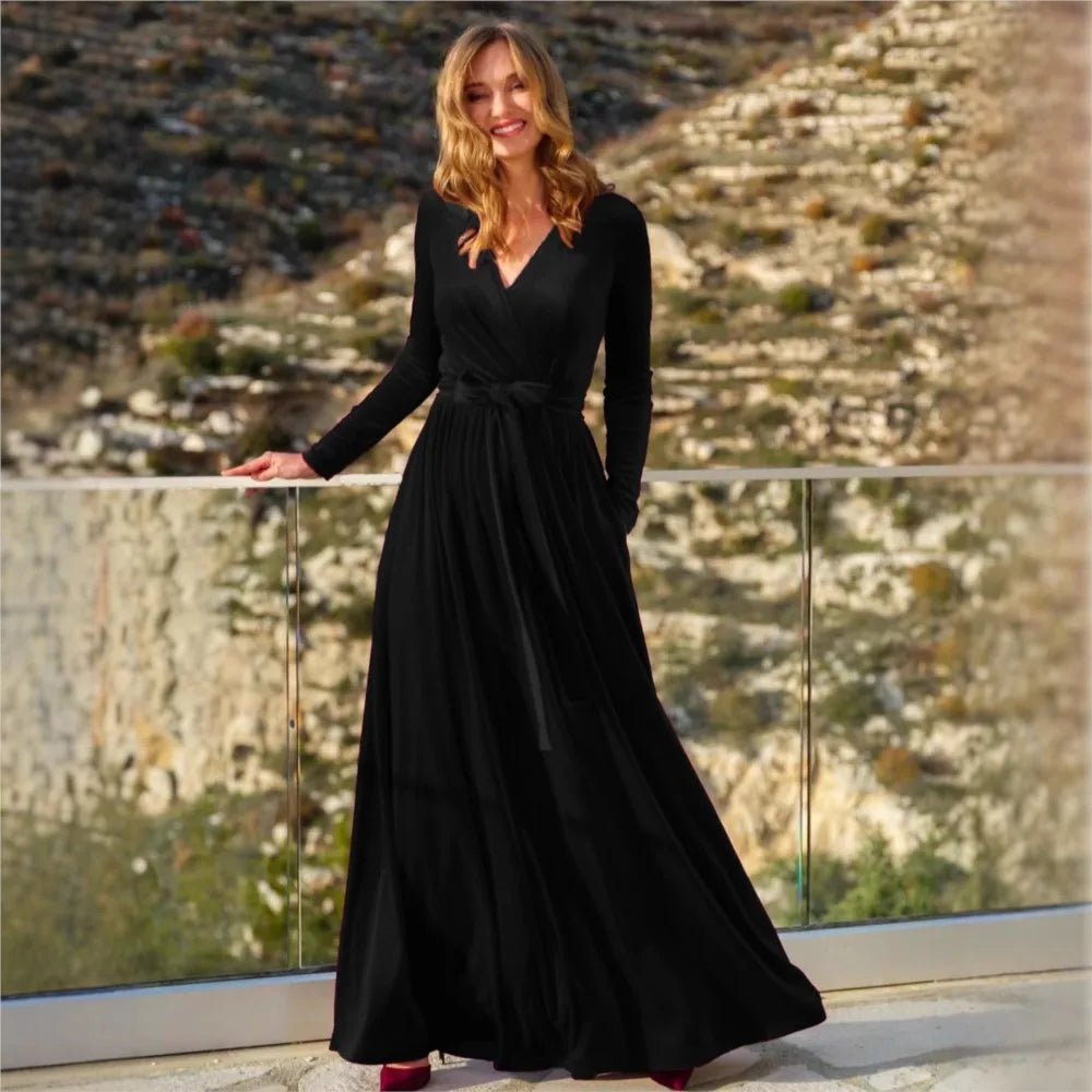 Elegant Women's German Velvet Long Sleeve Dress Autumn Winter New Slim Fit Fashion Waist Tie Female Bridesmaid Long Pocket Dress