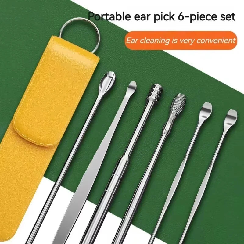 6 pcs/set Ear Cleaning Spoon Ear Protector Health Care Dirt Remover Stainless Steel Ear Picking Tool Set Cleaner