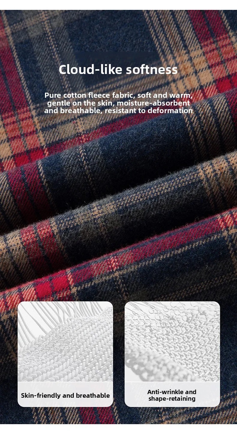 Men's Plaid Long Sleeve Shirt Fleece Finish Casual Style High End Feeling Autumn Winter Collection Fashionable Youth Urban Wear