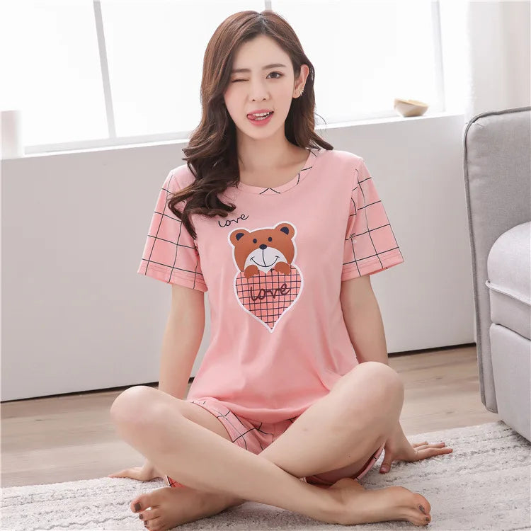 Women Thin Cute Sleepwear 2PCS Shirt Shorts Pajamas Set Nightwear Cartoon Intimate Lingerie Pyjamas Female Homewear Gift Tops