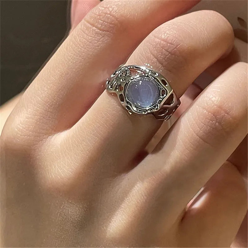 Kpop Retro Gothic Silver Color Heart Metal Ring For Women Girls Vintage Y2k Crystal Open Rings Punk Geometry Rings Party Jewelry