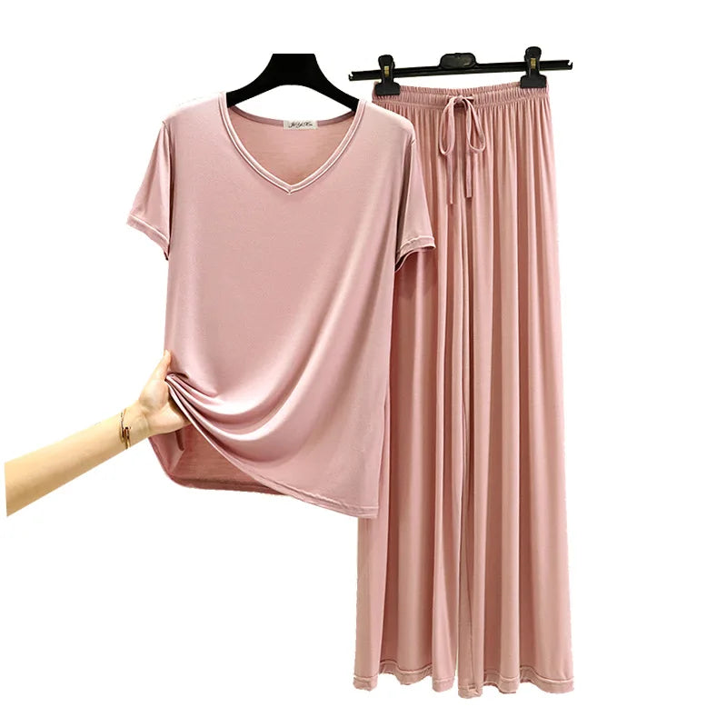 Modal Homewear 2pcs Pajamas set Short sleeve Tops and Trousers Solid color Casual Loose Sleepwear suit Plus size Nightwear