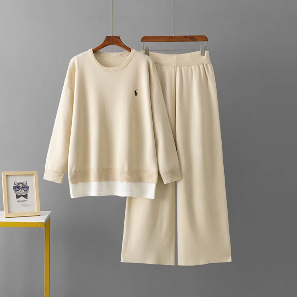 Spring Autumn Women Fashion Casual Suit New  Version Round Neck Loose Fake Two-piece Sweater Wide-leg Pants Two-piece Set