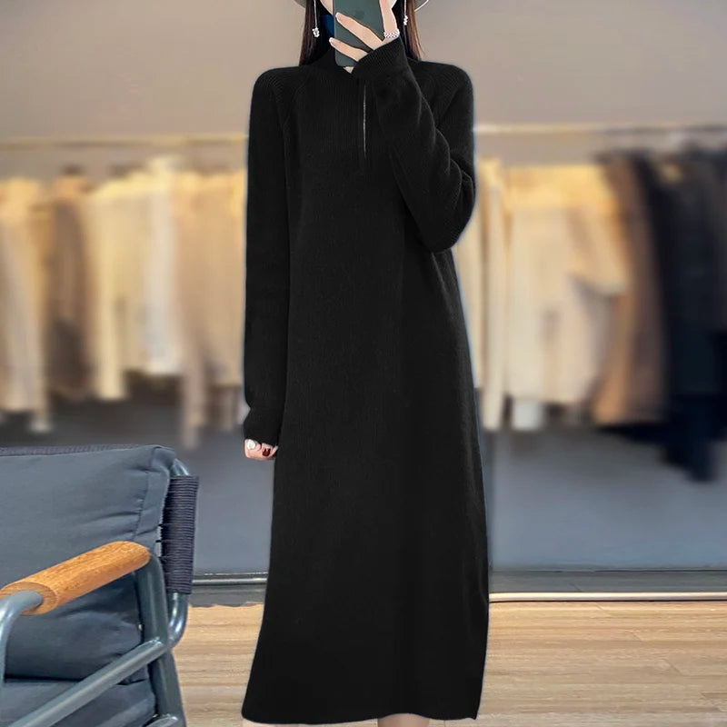 Thick Zipper Mock Neck Chic Elegant Soft Warm Striped Basic Comfort Women's  One-piece Dress 100% Merino Wool Exquisite Sweater