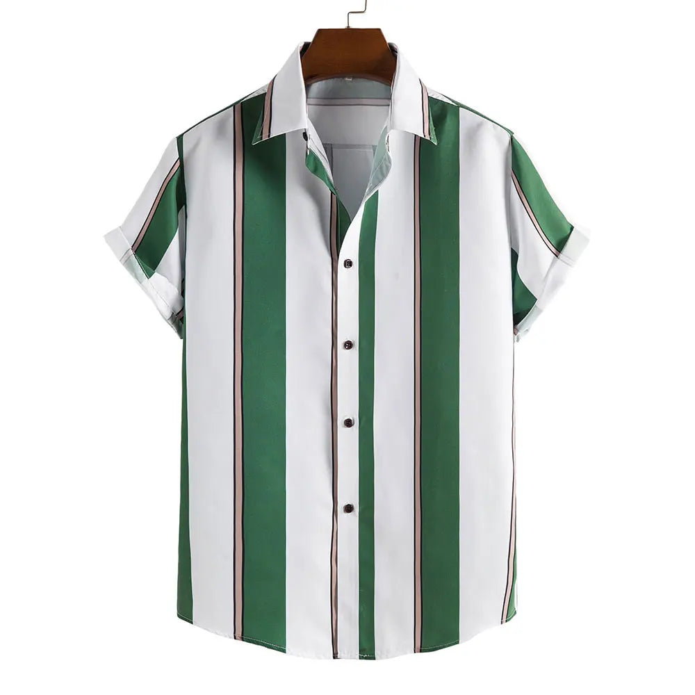 Men's Hawaiian Shirt Summer Stripes Print Short Sleeve Top Tees Fashion Casual Social Shirts Lapel Button Oversized Men Clothing