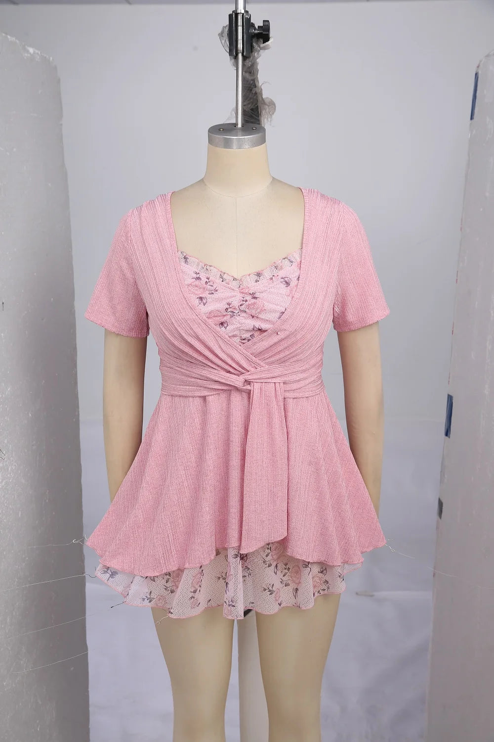 ROSEGAL Plus Size Light Pink 2 In 1 Tops Women Casual Flower Leaf Print Sparkling Mesh Ruffles Ruched Textured Twist T-shirts