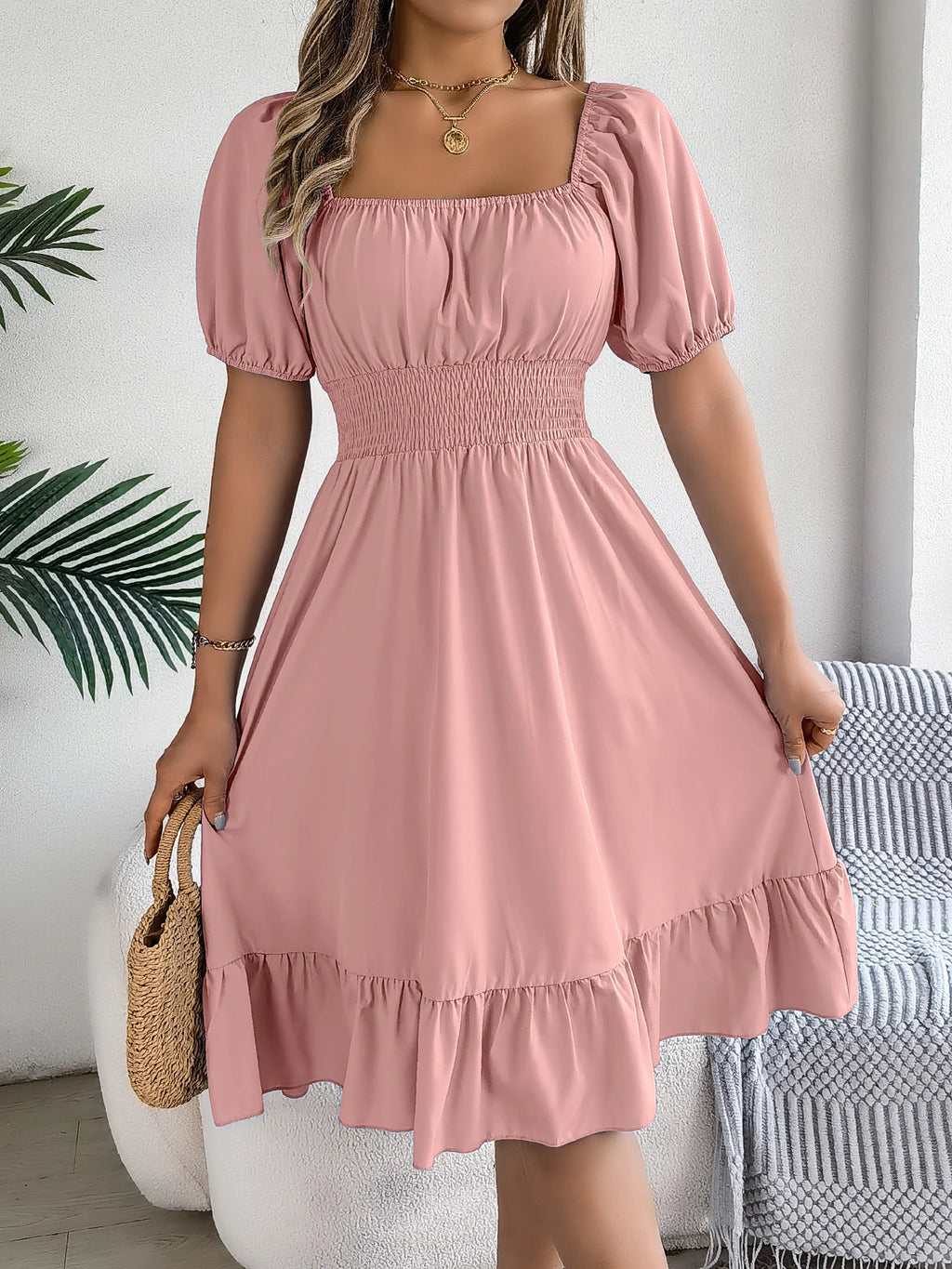 Spring Summer Elegant High Waisted Dress Square Neck Short Sleeved Ruffled Edge Long Dresses for Women 2026 Valentine's Day