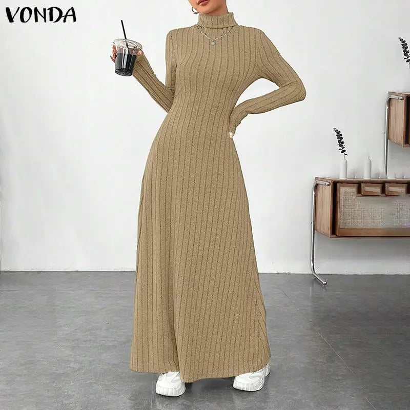 VONDA Women Turtleneck Sweater Dresses Autumn Long Sleeve Knitted Maxi Vestidos Elegant Office Streetwear Solid Party Robe Femme