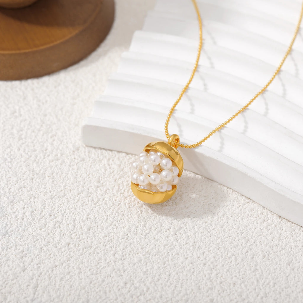 18K Gold Plated Pearls Pendant Necklace Waterproof Stainless Steel Round Bead Chain Chunky Geometric Femal Party Jewelry Gifts