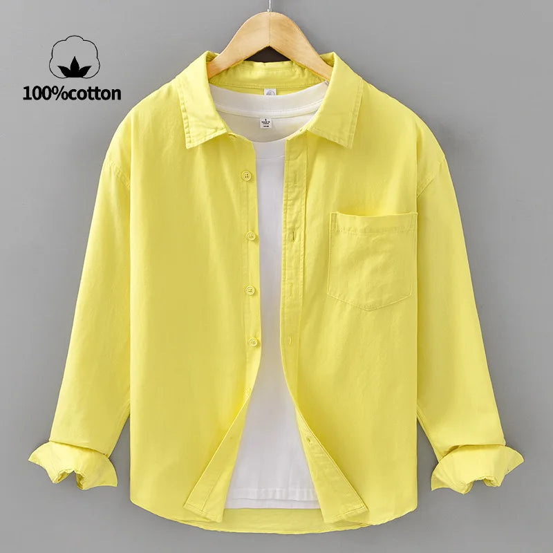 Basic Men's Long-Sleeve Cotton Shirt - Casual and Versatile Spring Style 100% Cotton Solid Color Casual Shirt