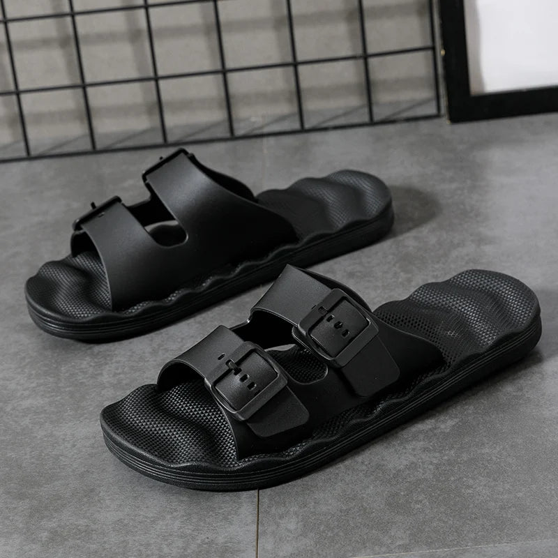 Men's Breathable Buckle Sandal Slippers Summer Outdoor Indoor House Shoes Non-Slip Thick Sole Casual Solid Color Slides