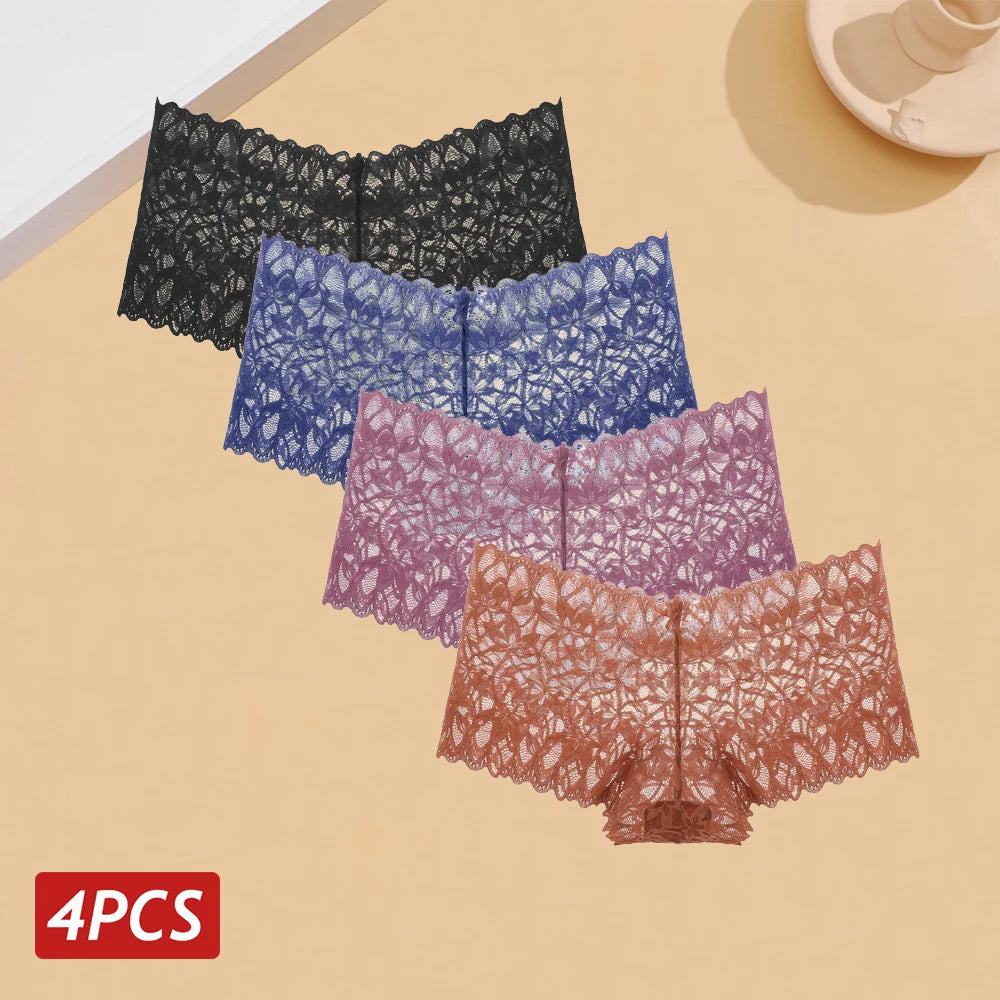 4PCS Women Floral Lace Panties Sexy Perspective Underwear V Waist Solid Color Underpants Female Breathable Intimates Lingerie
