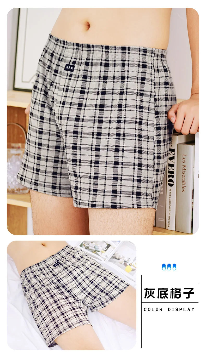 Breathable Cotton Men's Mid-Waist Shorts Plus Size Loose-Fit Plaid Underpants For Home Sleep Summer Loungewear