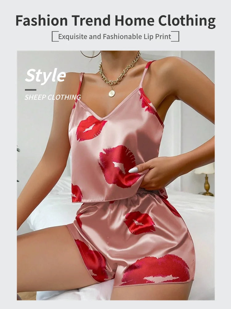 Women's Cute Heart Print Satin Pajama Set - V Neck Cami Top and Elastic Shorts for Comfortable Sleep and Lounging Homewear