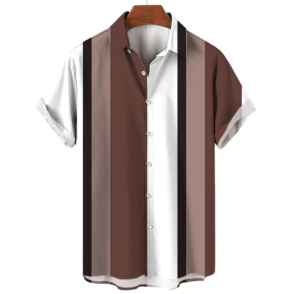 Men's Hawaiian Shirt Summer Stripes Print Short Sleeve Top Tees Fashion Casual Social Shirts Lapel Button Oversized Men Clothing