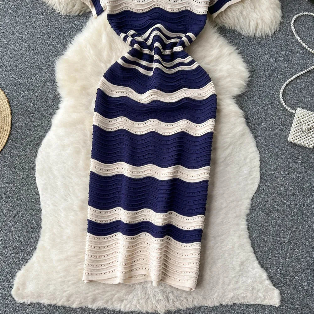Short Sleeves Striped Long Dress Lapel Neck Hollow Out Slim Bodycon Sundress Fashion Hotsweet Knitted Beach Midi Dress
