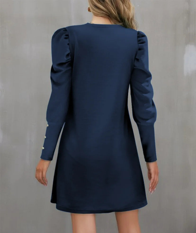 2025 Spring and Autumn New Round Neck Bubble Sleeve Button Decorative Long Sleeve Dress