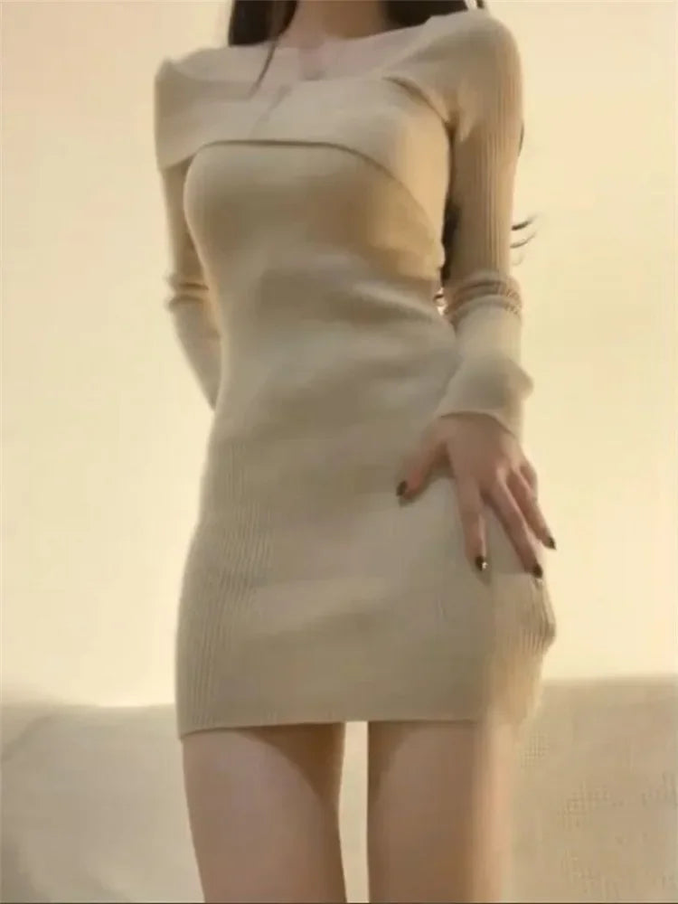 Summer Women Long Sleeve Dress Slim Knitting Female Clothes Streetwear Vacation Casual Soft Sweet Sexy Korea Fashion Dress