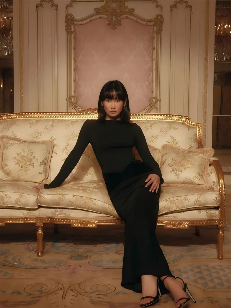 Mozision Long Sleeve High Waist Ruched Sexy Maxi Dress Women Gown Elegant Black Patchwork O Neck Bodycon Club Party Long Dress