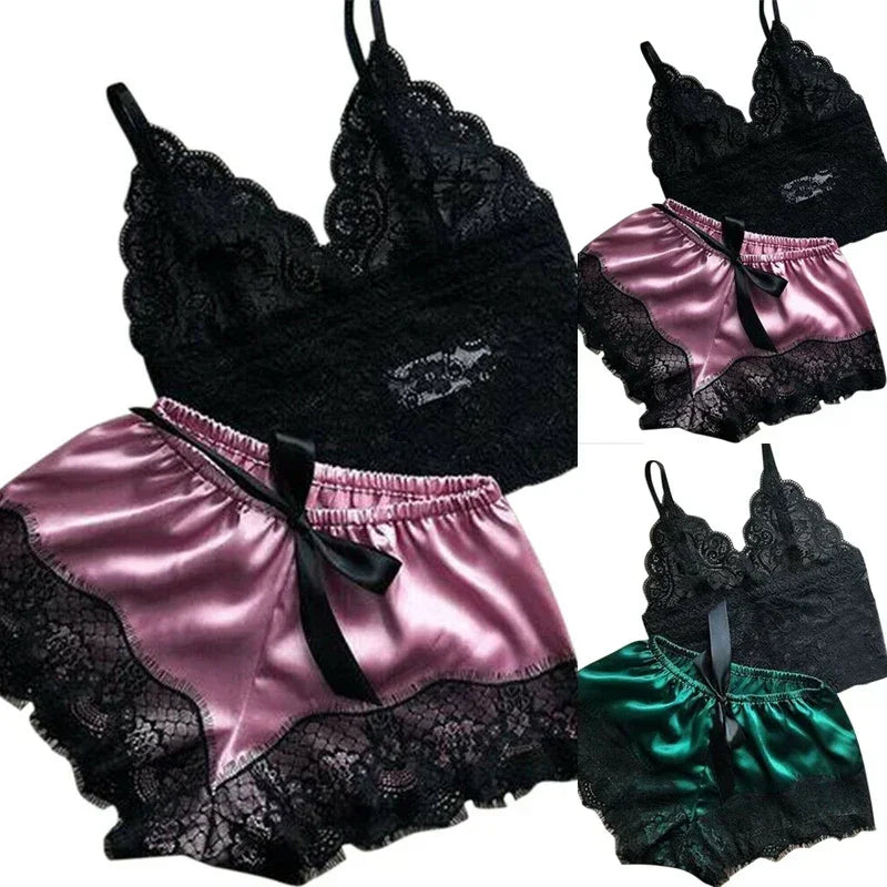 Sexy Womens Lace Sleepwear Lace Nachtkleding Lingerie Sleeveless V-Neck Babydoll Pajamas Set Lingerie Tops Shorts Set Nightwear