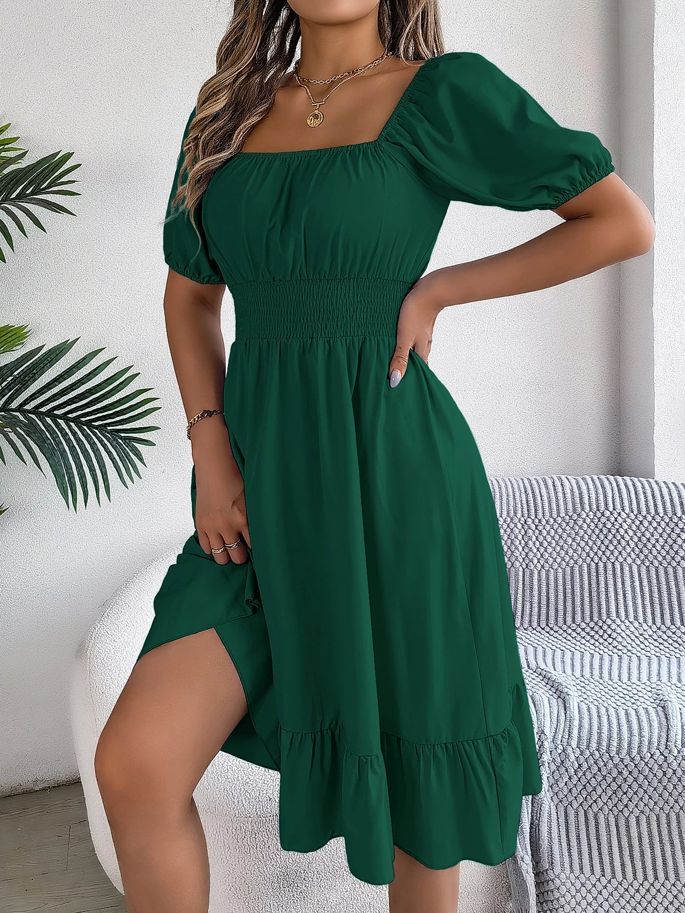 Spring Summer Elegant High Waisted Dress Square Neck Short Sleeved Ruffled Edge Long Dresses for Women 2026 Valentine's Day