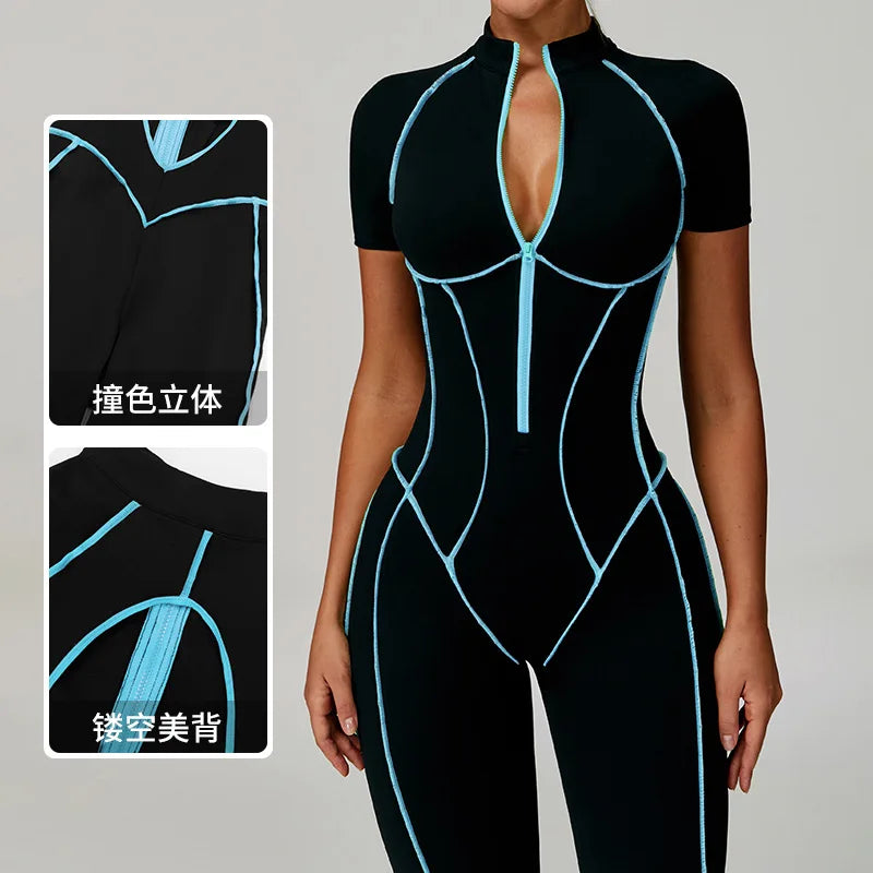 Yoga Jumpsuit Women Bodysuits Fitness Sports Zipper Short Sleeve Yoga Suit Quick Dry Yoga Clothing Gym Push Up Workout Rompers
