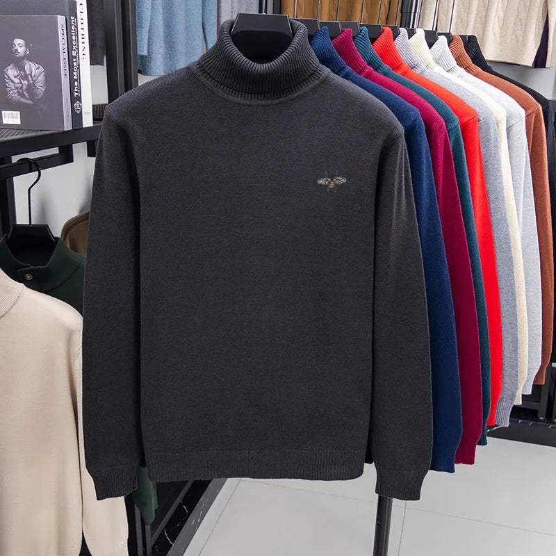Luxury Brand Men's Autumn Winter Knit Sweater High Neck Long Sleeves Embroidery Pullover Leisure Business Keep Warm Men Clothing