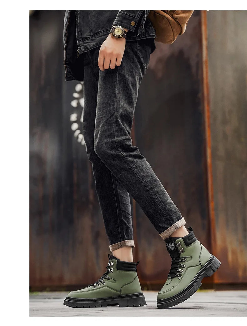 New Men's Leather Boots Brand Retro Comfortable Boots for Men 2025 Fashion High Top Non Slip Casual Shoes Business Work Shoes