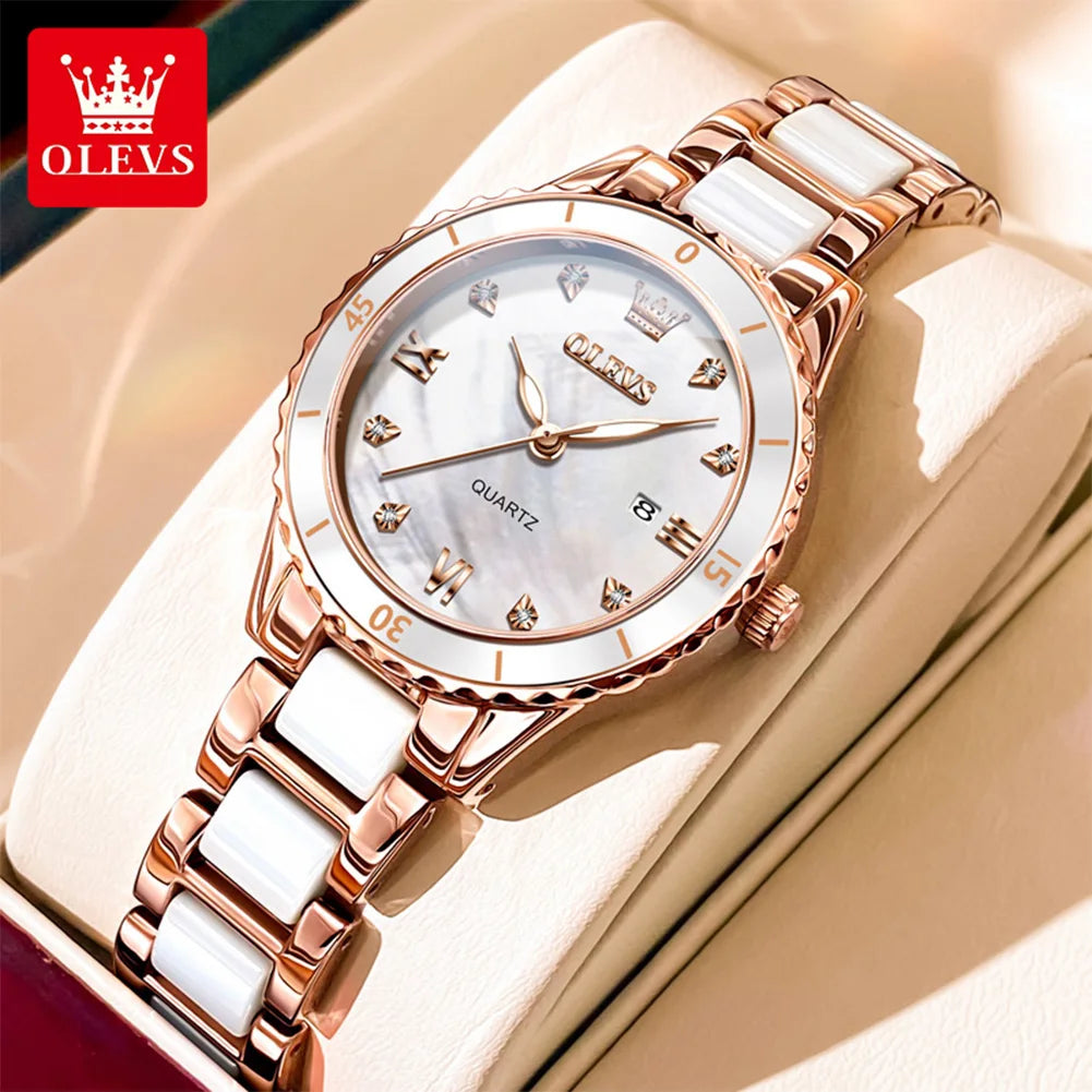 OLEVS Women Watch Diamond Roman Scale Waterproof Calendar Elegant Quartz Watches Ceramic Strap Luxury Original Girls Watch 9985