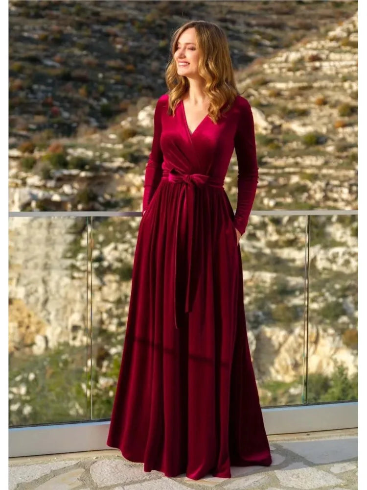 Elegant Women's German Velvet Long Sleeve Dress Autumn Winter New Slim Fit Fashion Waist Tie Female Bridesmaid Long Pocket Dress