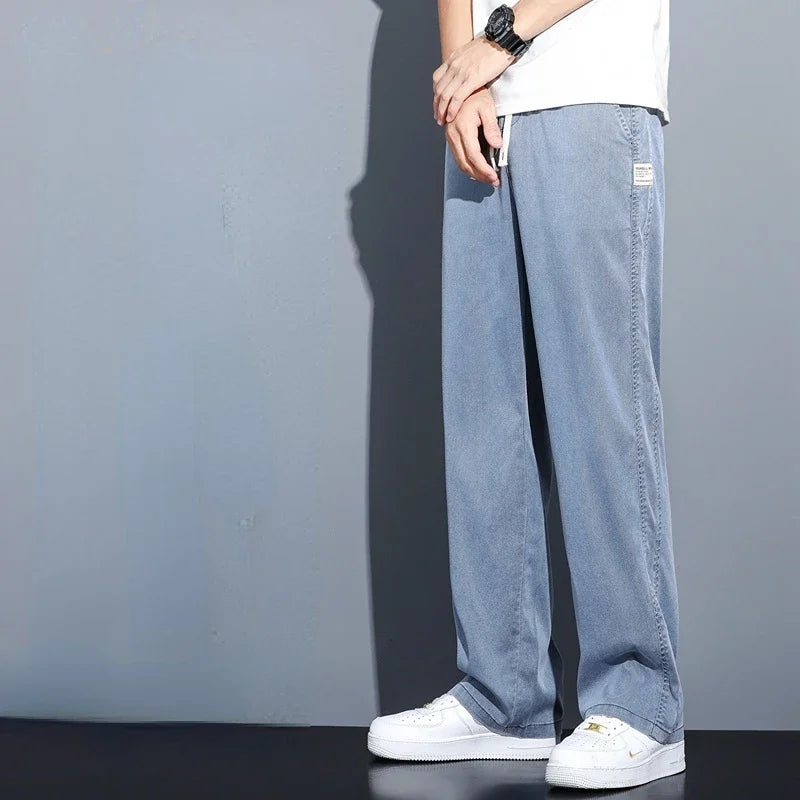 High Quality Summer Lyocell Fabric Men's Jeans Thin Straight Pants Drawstring Elastic Waist Korea Casual Trousers Plus Size
