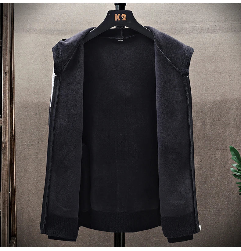 Mens Fashion Sweater Cardigan Fleece Lined Hood Sweaters Jacket Retro Sweaters Coat Zipper Up Knit Cardigans