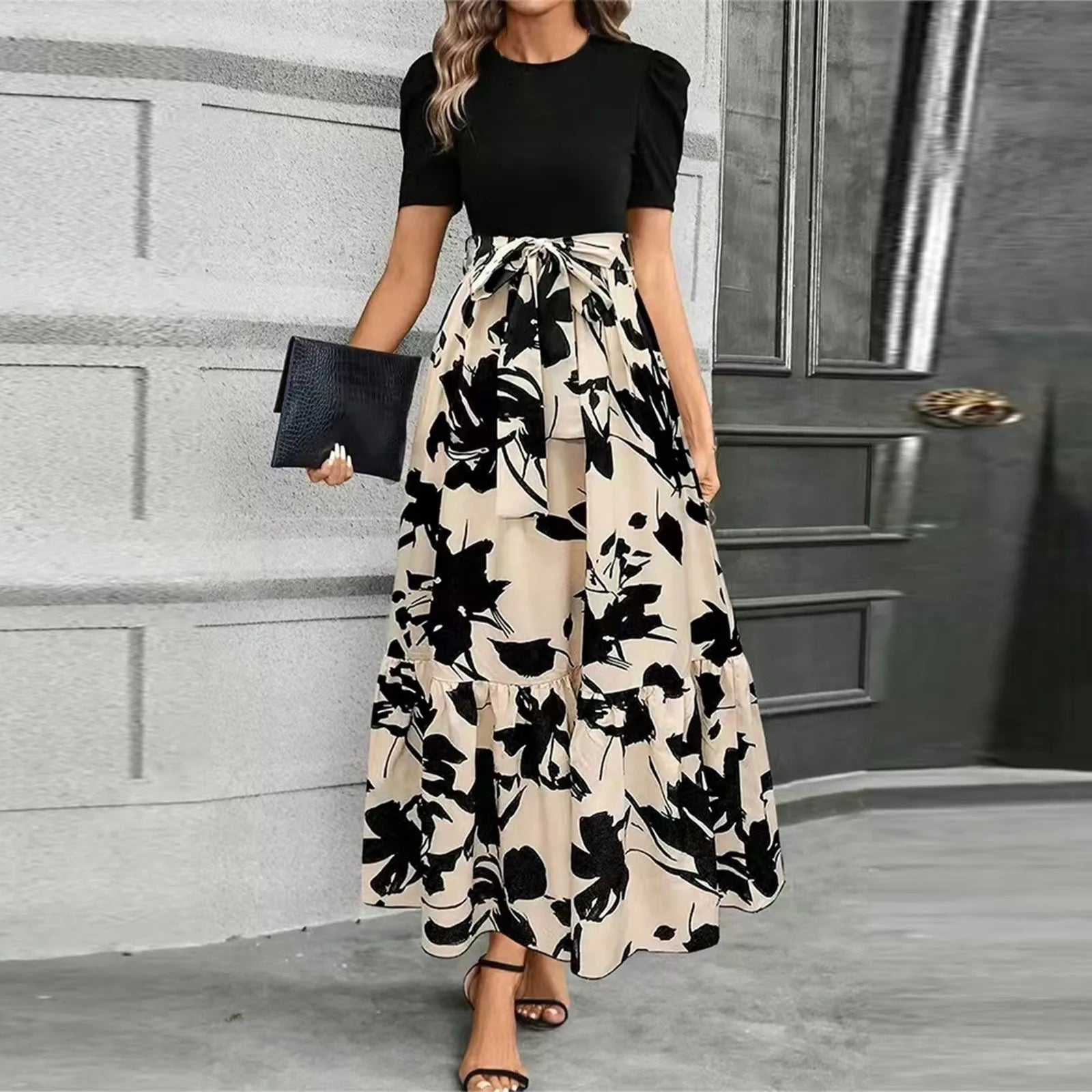 Dresses Elegant Office Lady Outfits A-line Lace-up Slim Fit Waist Ruffle Hem Skirt Women Dress Summer vestidos de mujer casuales