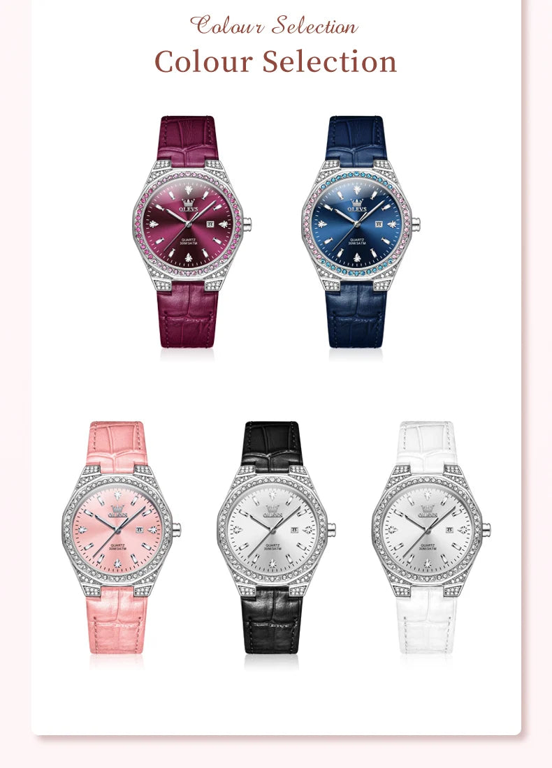 OLEVS NEW Women's Watches Pink Leather Strap Full Diamond New Style Date Waterproof Original Quartz Watch for Girl Fashion