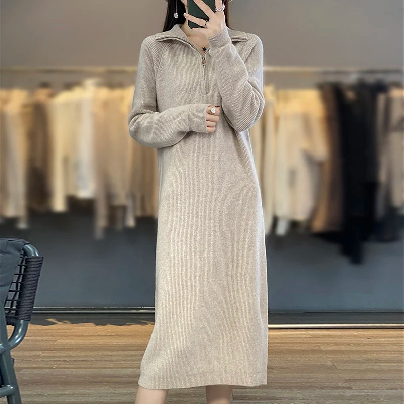 Thick Zipper Mock Neck Chic Elegant Soft Warm Striped Basic Comfort Women's  One-piece Dress 100% Merino Wool Exquisite Sweater