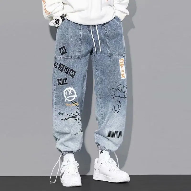 Korean Clothing  Men Letter Printed Jeans High Waisted Baggy Jeans Cartoon Graffiti Hip-Hop Pants Blue Jeans