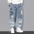 Korean Clothing  Men Letter Printed Jeans High Waisted Baggy Jeans Cartoon Graffiti Hip-Hop Pants Blue Jeans