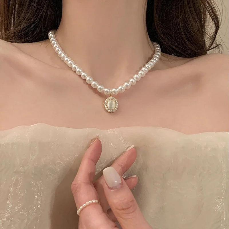 1PC Fashion Korean Style Freshwater Pearl Necklace For Women Gentle Vintage Clavicle Chain Zircon Pendant Necklace Party Jewelry