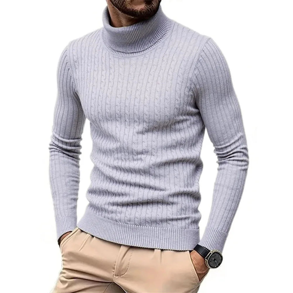 Autumn Winter Men's Turtleneck Sweater Warm Slim Fit Knitted Pullover Jacquard Striped Cozy Soft Knitwear Basic Style