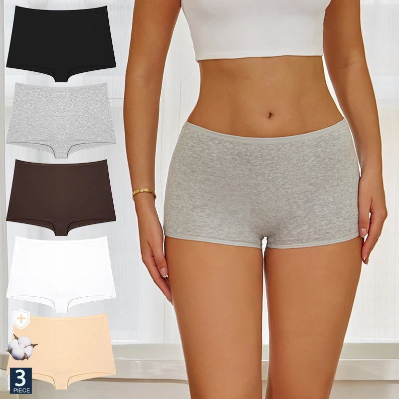 FINETOO 3PCS/SET Women's Cotton Panties Seamless Sports Boxers Underwear Female Solid Color Briefs Cozy Intimate Underpants Soft